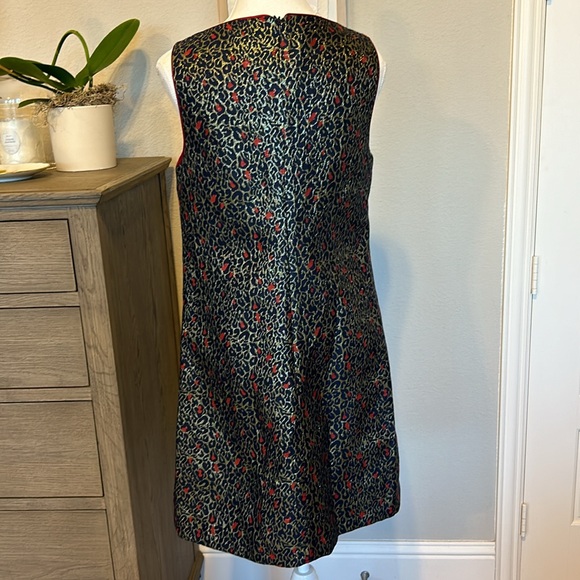 Betsey Johnson | Navy Red Gold Jacquard Leopard Print Shift Dress | 8 - Picture 9 of 16